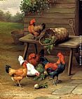 Edgar Hunt Famous Paintings - Poultry In A Barnyard